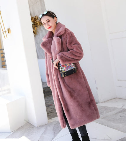 Image of Winter Women High Quality Faux Rabbit Fur Coat Luxury Long Fur Coat Loose Lapel OverCoat Thick Warm Plus Size Female Plush Coats