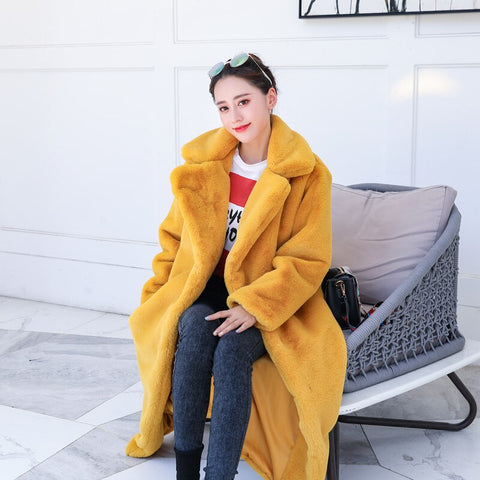 Image of Winter Women High Quality Faux Rabbit Fur Coat Luxury Long Fur Coat Loose Lapel OverCoat Thick Warm Plus Size Female Plush Coats