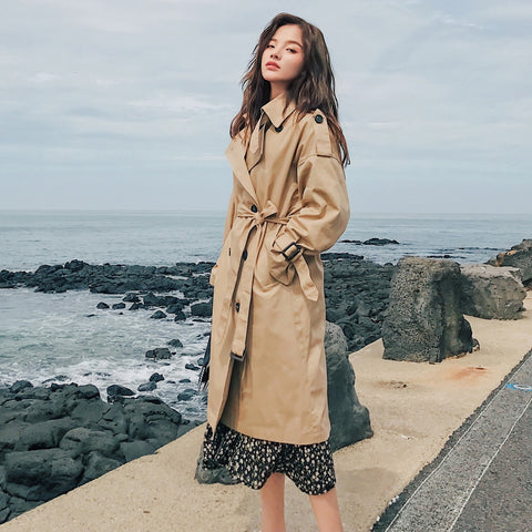 Image of Fashion Brand New Women Trench Coat Long Double-Breasted Belt Blue Khaki Lady Clothes Autumn Spring Outerwear Oversize Quality