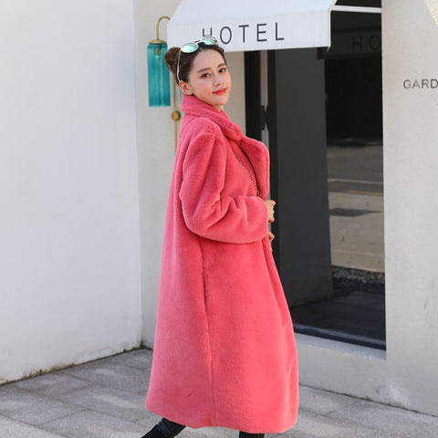 Image of Winter Women High Quality Faux Rabbit Fur Coat Luxury Long Fur Coat Loose Lapel OverCoat Thick Warm Plus Size Female Plush Coats