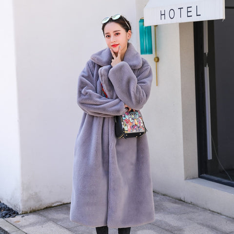 Image of Winter Women High Quality Faux Rabbit Fur Coat Luxury Long Fur Coat Loose Lapel OverCoat Thick Warm Plus Size Female Plush Coats
