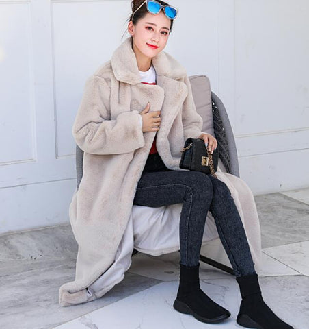 Image of Winter Women High Quality Faux Rabbit Fur Coat Luxury Long Fur Coat Loose Lapel OverCoat Thick Warm Plus Size Female Plush Coats