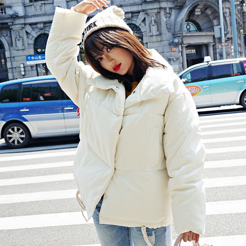 Image of Korean Style 2019 Winter Jacket Women Stand Collar Solid Black White Female Down Coat Loose Oversized Womens Short Parka