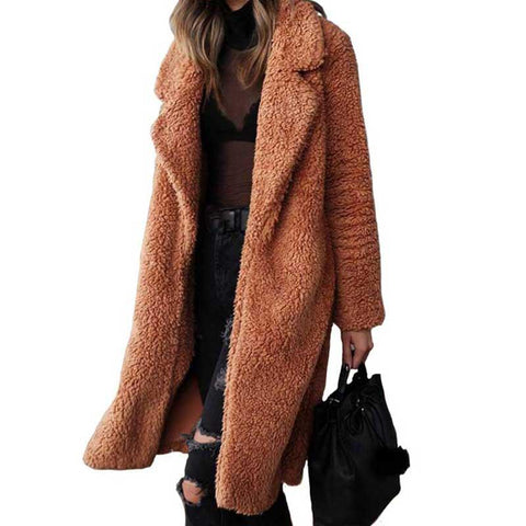 Image of Autumn Winter Faux Fur Coat Women Warm Teddy Bear Coat Ladies Fur Jacket Female Teddy Outwear Plush Overcoat Long Coat